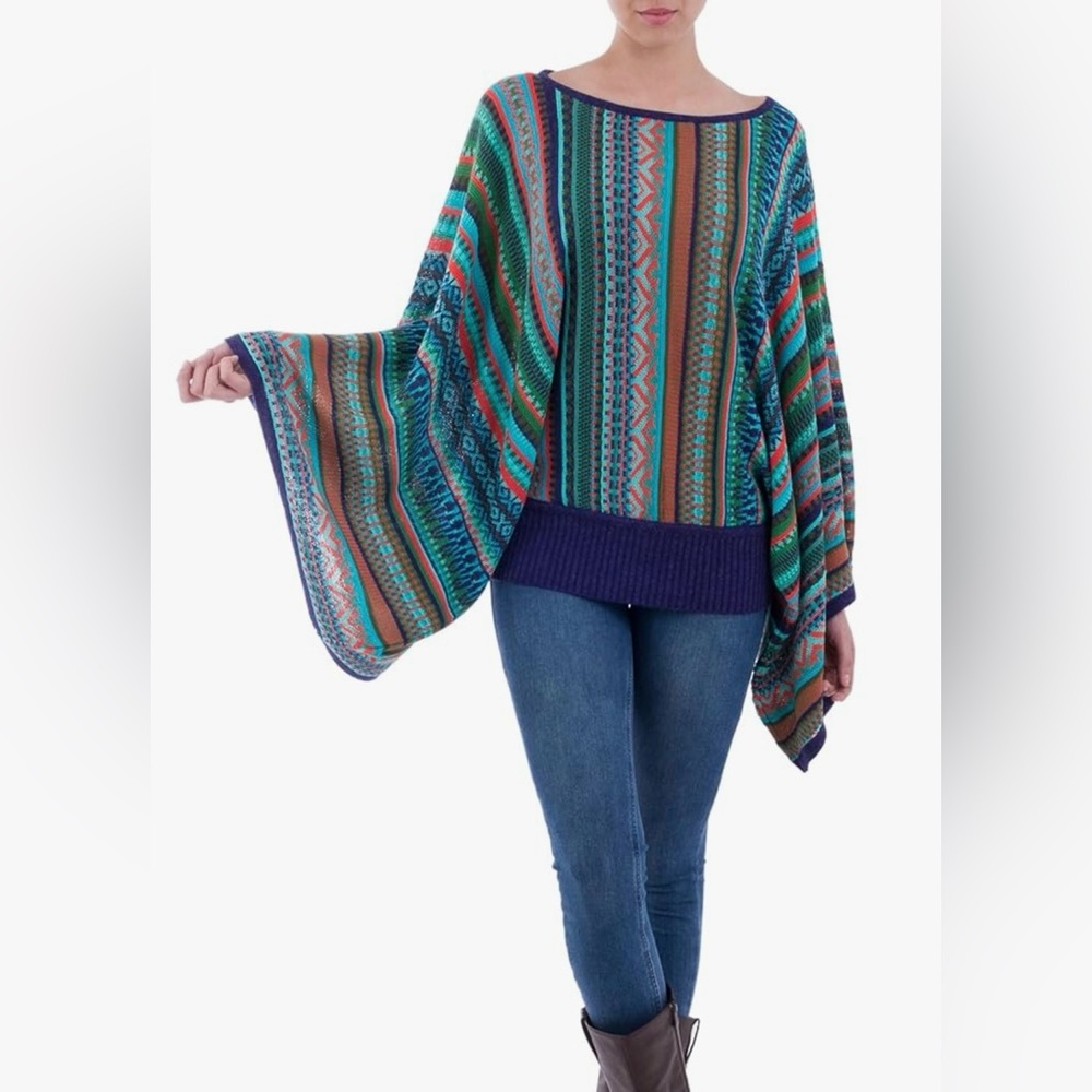 Novica Bohemian Knit Sweater from Peru in Turquoise Stripes, "Lima Dance” S/M